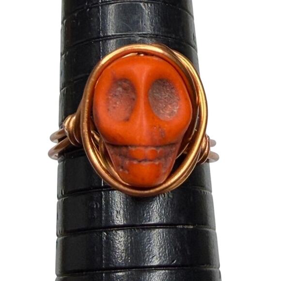 Handmade Jewelry - Orange skull mummy ring copper wire wrap handmade